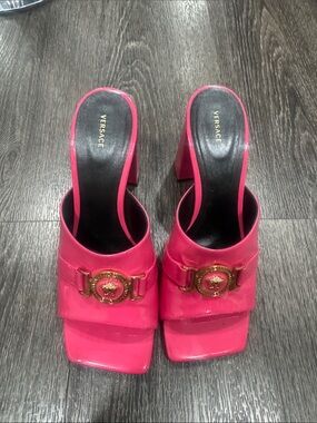 Versace Hot Pink Patent Block Heel Mules with Gold Medallion
